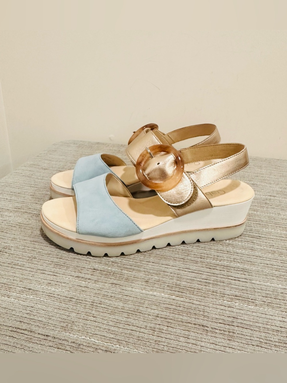 Gabor 44.645 Women's Wedge Sandals Blue Gold Suede Leather Ankle Strap Size 10
